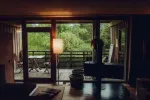 ein gemütliches Interieur mit Blick auf das grüne Balkon